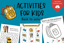 Load image into Gallery viewer, PRINTABLE Back to School Activity | INSTANT DOWNLOAD | Popular Games for Kids | Back to School Coloring Sheets
