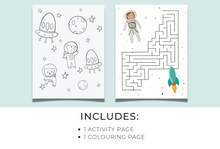 Load image into Gallery viewer, Space Coloring and Activity Sheets for Kids INSTANT DOWNLOAD | Space Activity Coloring Pages | Birthday Party Favor Activities for Kids, DIGITAL